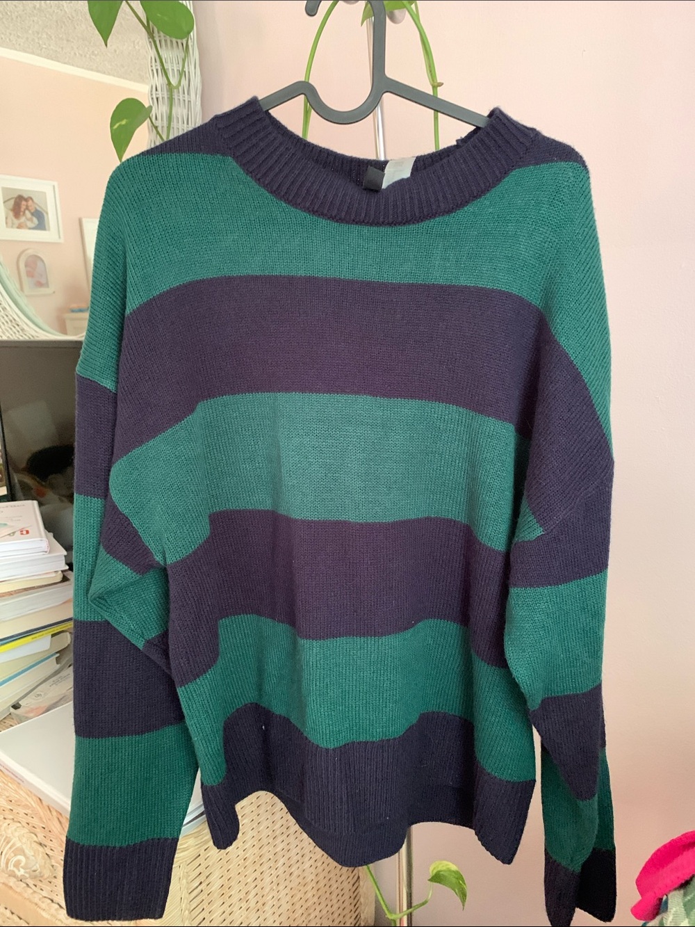 H&M Green and Navy Striped Crewneck Sweater